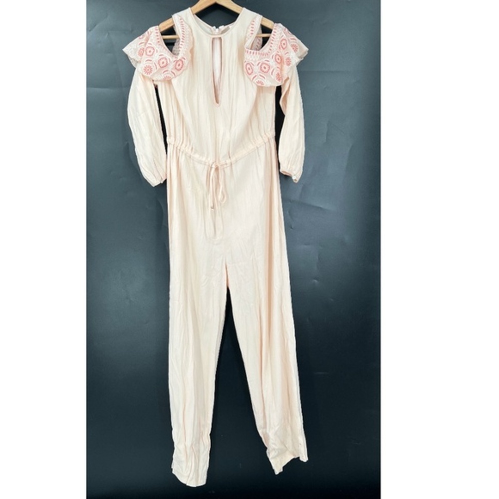 NEW Foxiedox boutique boho embroidered cold shoulder jumpsuit Marigold peach S